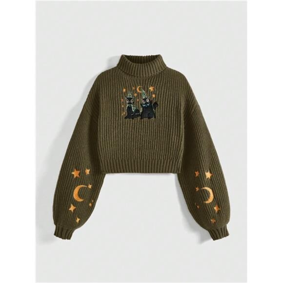 Black Cat Celestial Witchy Embroidered Oversized Pullover Crop Sweater - Picture 1 of 9